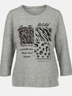 Damen Flauschshirt mit Print und Glitzersteinchen