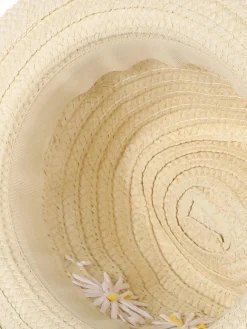 Mädchen Strohhut mit Bastblumen und Zierband